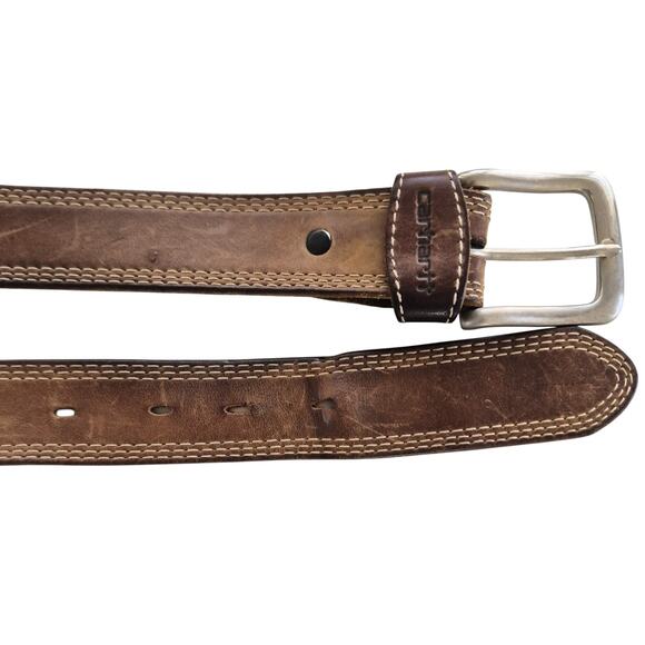 Carhartt Work Belt Mens Sz 38 Brown Leather Silver Buckle Outdoor Casual - Picture 4 of 7